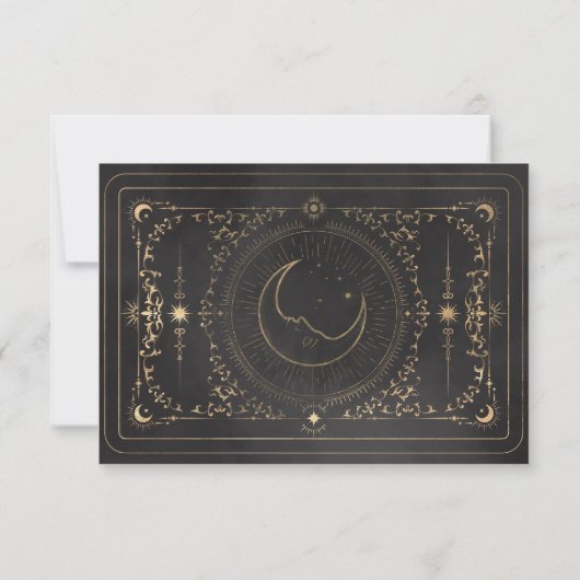 Black & Faux Gold Tarot Hemelse Huwelijk RSVP Kaartje (Achterkant)