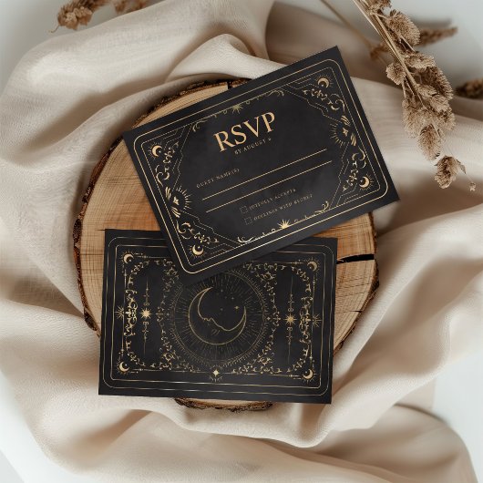 Black & Faux Gold Tarot Hemelse Huwelijk RSVP Kaartje