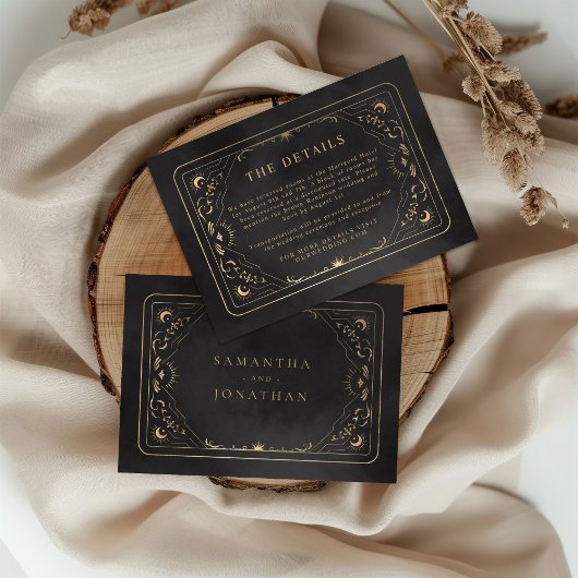 Black & Faux Gold Tarot Hemelse Trouwdetails Informatiekaartje