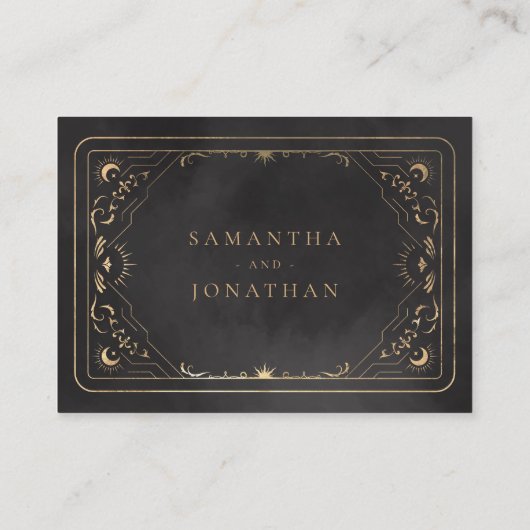 Black & Faux Gold Tarot Hemelse Trouwdetails Informatiekaartje (Achterkant)