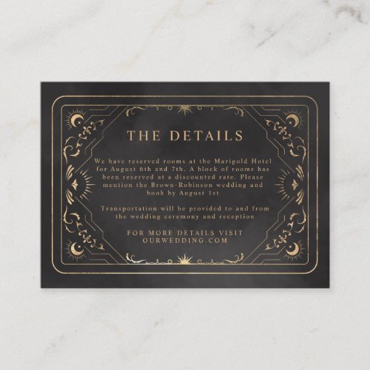Black & Faux Gold Tarot Hemelse Trouwdetails Informatiekaartje (Voorkant)