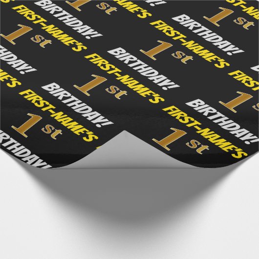 Black, Faux/Imitation Gold, "1st BIRTHDAY" Cadeaupapier (Hoek)