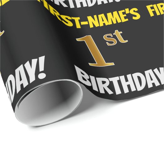 Black, Faux/Imitation Gold, "1st BIRTHDAY" Cadeaupapier (Rol Hoek)