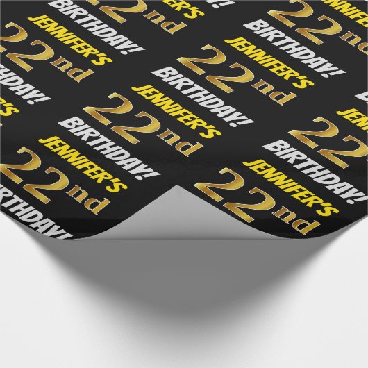 Black, Faux/Imitation Gold, "22nd BIRTHDAY" Cadeaupapier (Hoek)