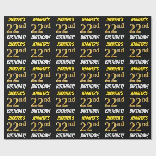 Black, Faux/Imitation Gold, "22nd BIRTHDAY" Cadeaupapier (Vlak)