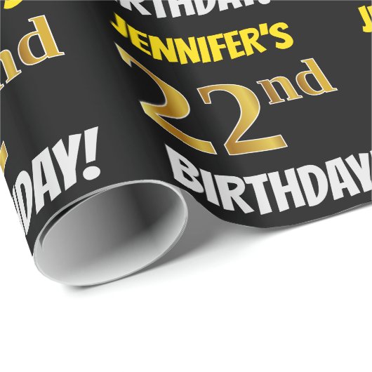 Black, Faux/Imitation Gold, "22nd BIRTHDAY" Cadeaupapier (Rol Hoek)