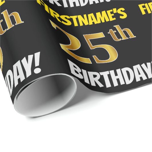 Black, Faux/Imitation Gold, "25th BIRTHDAY" Cadeaupapier (Rol Hoek)