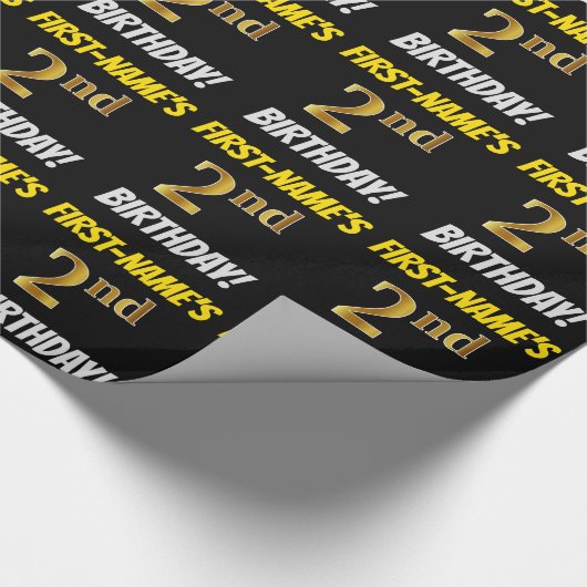 Black, Faux/Imitation Gold, "2nd BIRTHDAY" Cadeaupapier (Hoek)