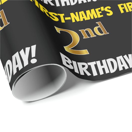 Black, Faux/Imitation Gold, "2nd BIRTHDAY" Cadeaupapier (Rol Hoek)