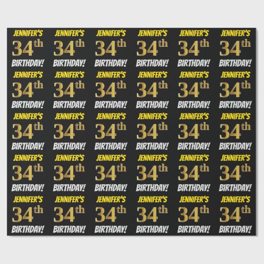 Black, Faux/Imitation Gold, 34th BIRTHDAY Cadeaupapier (Vlak)