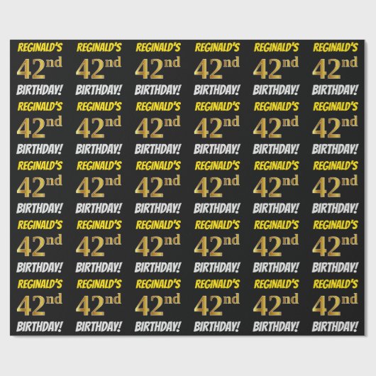 Black, Faux/Imitation Gold, "42nd BIRTHDAY" Cadeaupapier (Vlak)