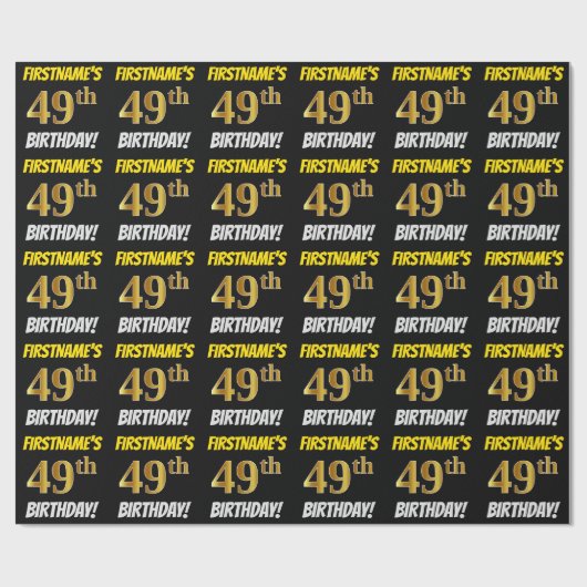 Black, Faux/Imitation Gold, "49th BIRTHDAY" Cadeaupapier (Vlak)