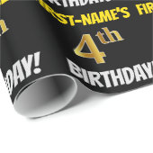 Black, Faux/Imitation Gold, "4th BIRTHDAY" Cadeaupapier (Rol Hoek)