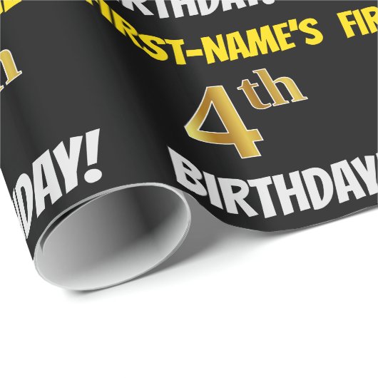 Black, Faux/Imitation Gold, "4th BIRTHDAY" Cadeaupapier (Rol Hoek)