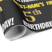 Black, Faux/Imitation Gold, "5th BIRTHDAY" Cadeaupapier (Rol Hoek)