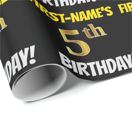 Black, Faux/Imitation Gold, "5th BIRTHDAY" Cadeaupapier (Rol Hoek)