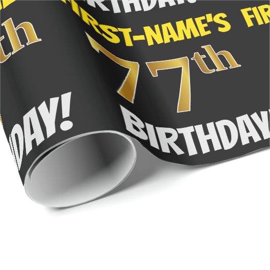 Black, Faux/Imitation Gold, 77th BIRTHDAY Cadeaupapier (Rol Hoek)