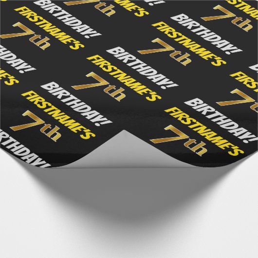 Black, Faux/Imitation Gold, "7th BIRTHDAY" Cadeaupapier (Hoek)