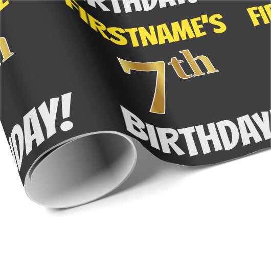 Black, Faux/Imitation Gold, "7th BIRTHDAY" Cadeaupapier (Rol Hoek)