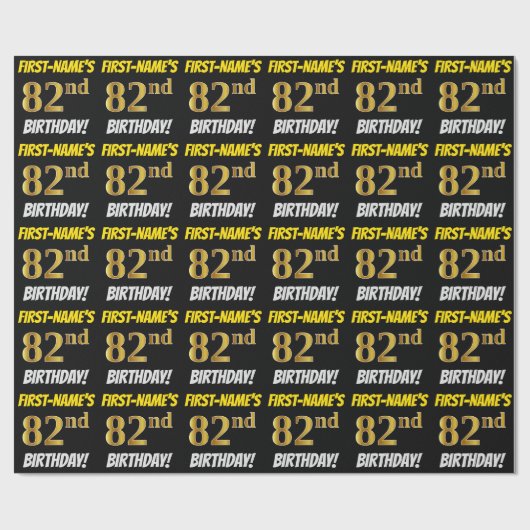 Black, Faux/Imitation Gold, "82nd BIRTHDAY" Cadeaupapier (Vlak)
