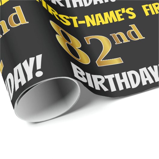 Black, Faux/Imitation Gold, "82nd BIRTHDAY" Cadeaupapier (Rol Hoek)