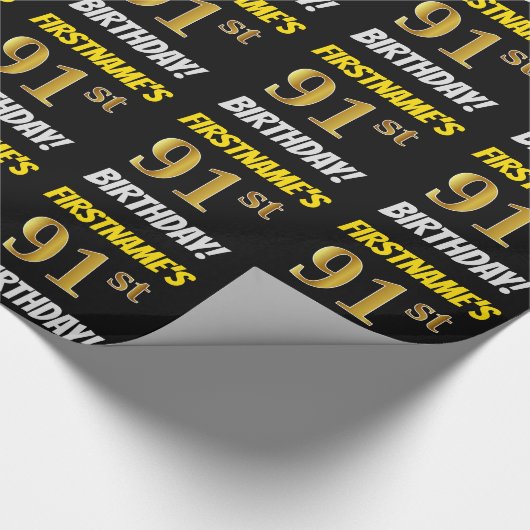 Black, Faux/Imitation Gold, "91st BIRTHDAY" Cadeaupapier (Hoek)
