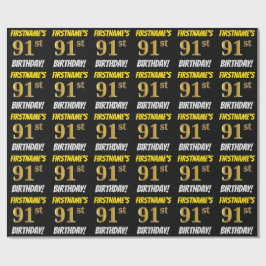 Black, Faux/Imitation Gold, "91st BIRTHDAY" Cadeaupapier