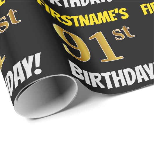 Black, Faux/Imitation Gold, "91st BIRTHDAY" Cadeaupapier (Rol Hoek)