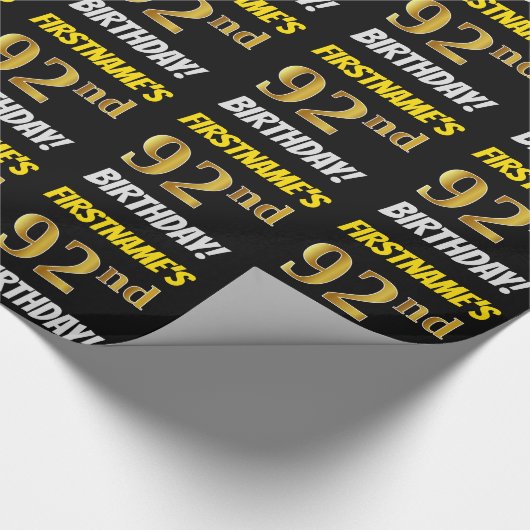 Black, Faux/Imitation Gold, 92nd BIRTHDAY Cadeaupapier (Hoek)