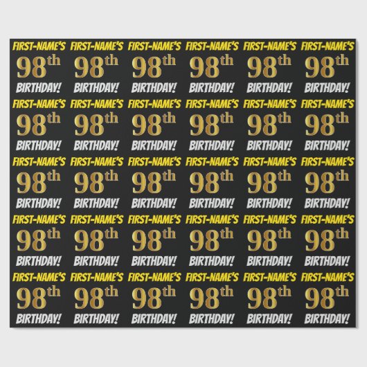 Black, Faux/Imitation Gold, 98th BIRTHDAY Cadeaupapier (Vlak)