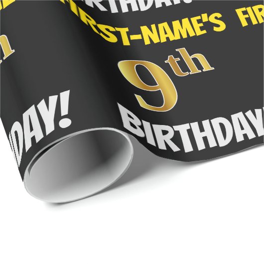 Black, Faux/Imitation Gold, "9th BIRTHDAY" Cadeaupapier (Rol Hoek)