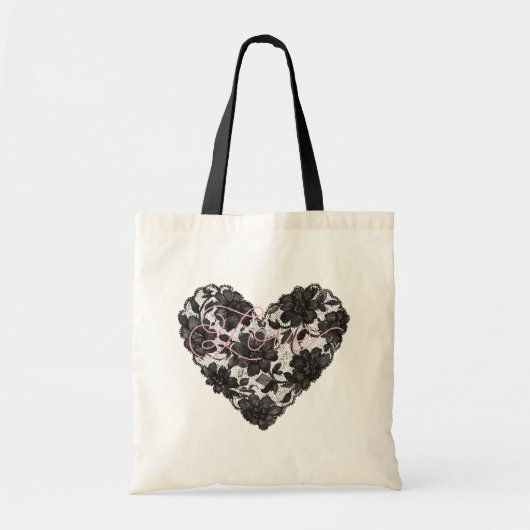 Black Faux Lace Heart Floral Tote Bag (Voorkant)