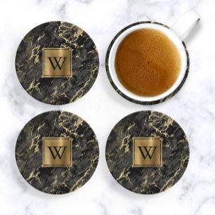 Black Faux Marble Gold Monogram Zandsteen Onderzetter
