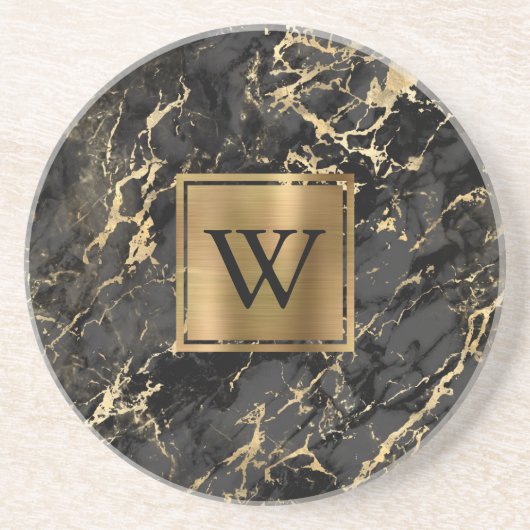 Black Faux Marble Gold Monogram Zandsteen Onderzetter (Voorkant)