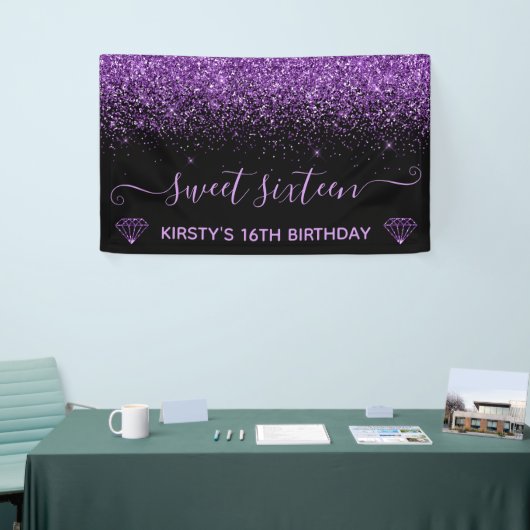Black & Faux Paars Glitter Sweet 16 Spandoek (Beurs)