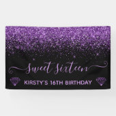 Black & Faux Paars Glitter Sweet 16 Spandoek (Horizontaal)