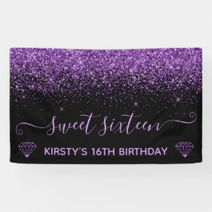 Black & Faux Paars Glitter Sweet 16 Spandoek