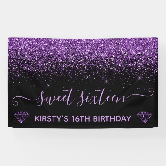 Black & Faux Paars Glitter Sweet 16 Spandoek (Horizontaal)