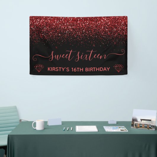 Black & Faux Red Glitter Sweet 16 Spandoek (Beurs)