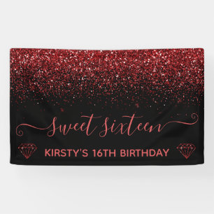 Black & Faux Red Glitter Sweet 16 Spandoek