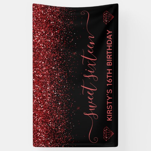 Black & Faux Red Glitter Sweet 16 Spandoek (Verticaal)
