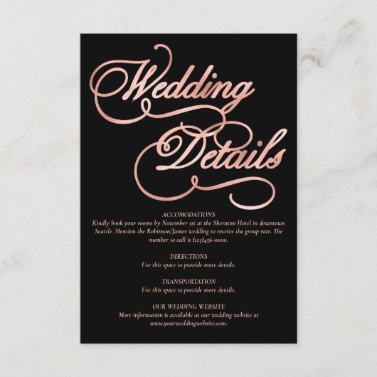 Black & Faux Roos Gold Calligrafie Formele bruilof Informatiekaartje (Voorkant)