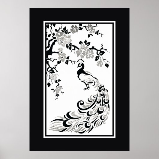 Black faux Silver folie pauock en cherry blossom Poster (Voorkant)