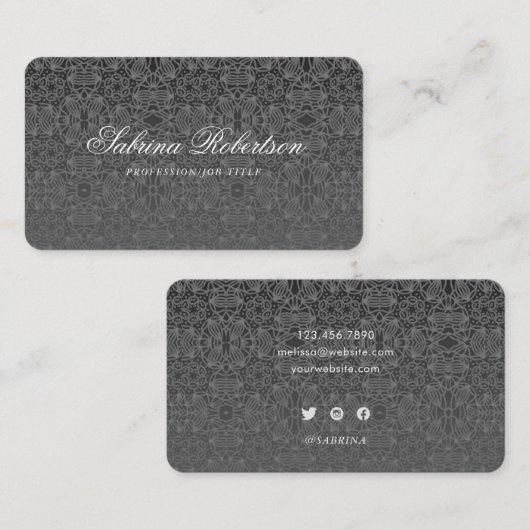 Black Faux Silver Ornamental Pattern Script Visitekaartje (Voorkant / Achterkant)