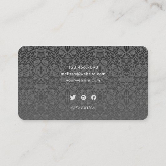 Black Faux Silver Ornamental Pattern Script Visitekaartje (Achterkant)