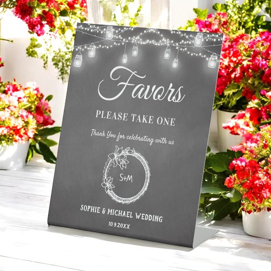 Black Favors Wedding Mason Jar String Lights Reclamebord Met Voetstuk