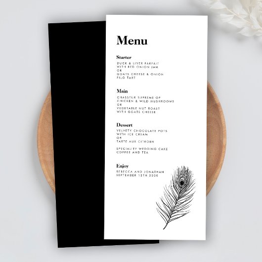 Black Feather Modern Wedding Menu Kaart