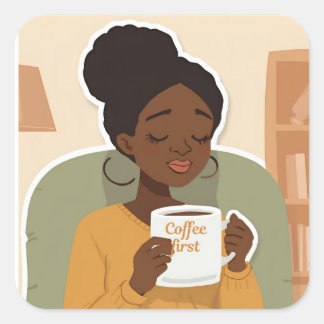 Black Female Drinking Coffee Vierkante Sticker