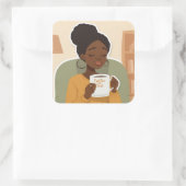 Black Female Drinking Coffee Vierkante Sticker (Tas)