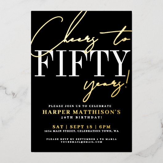 Black Fifty 50th Birthday Gold Folie Uitnodiging (Voorkant)